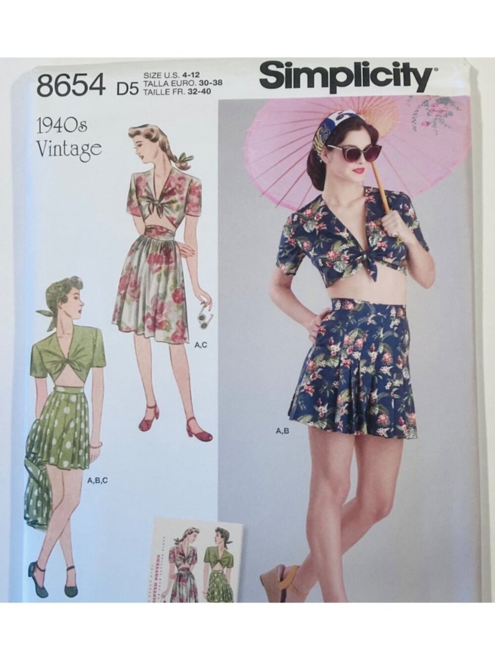 Simplicity 8654 1940s Playsuit Top Shorts Skirt Reprint Pattern Sz 4-12 FF